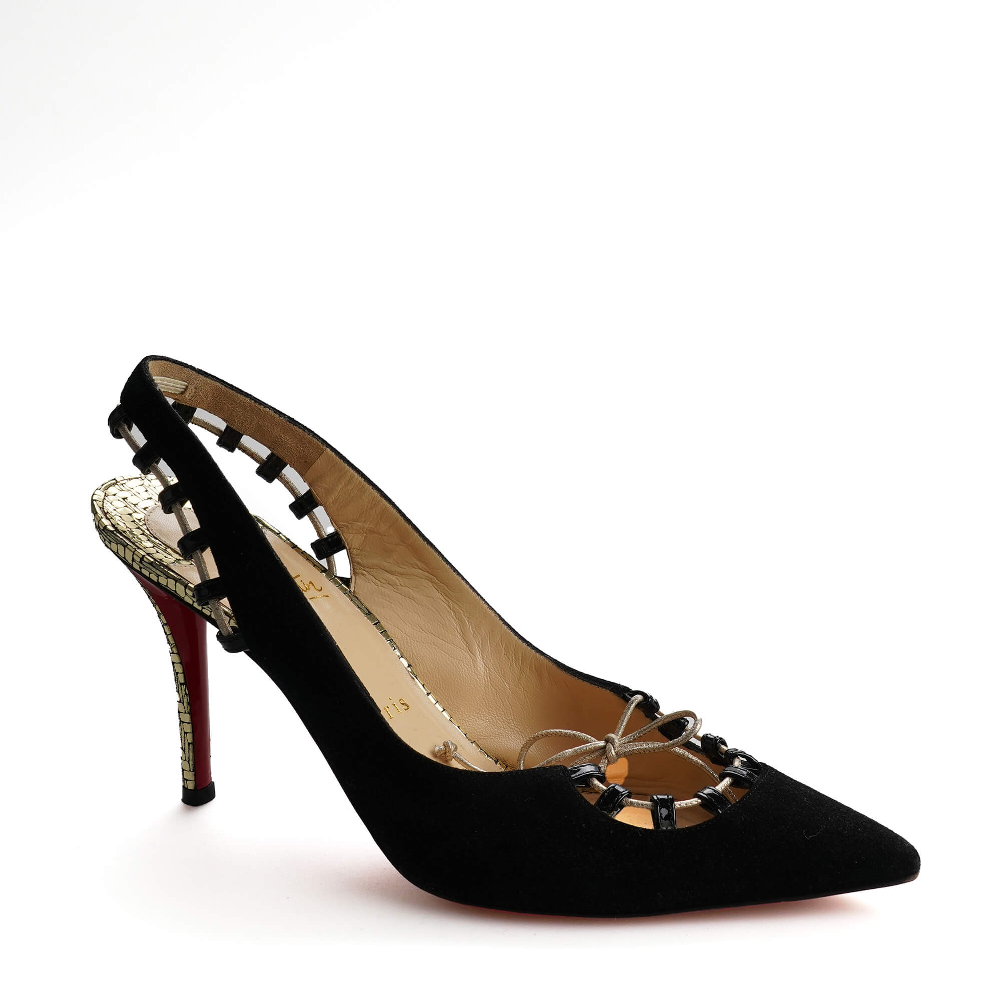 Christian Louboutin - Black Suede and Gold Pumps